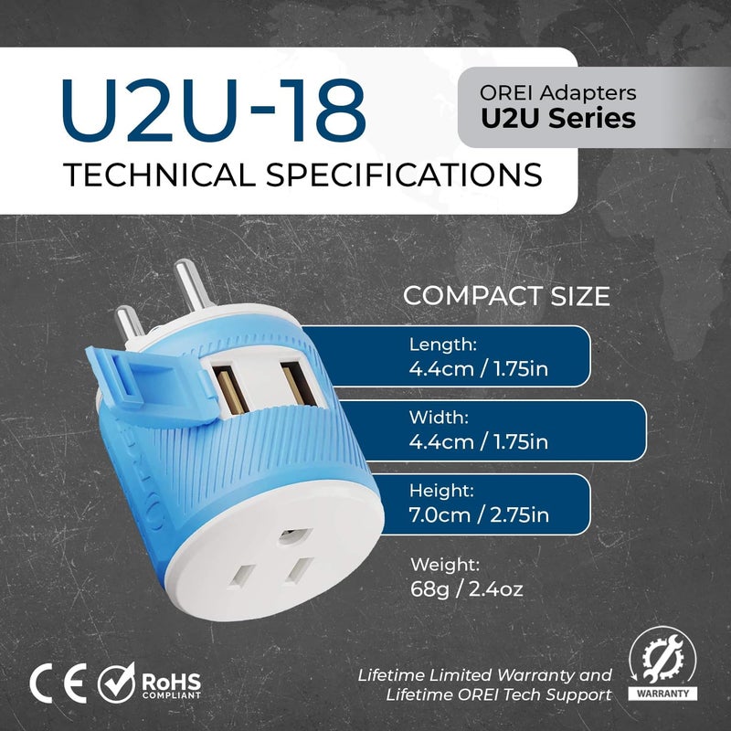 OREI محول سفر تايلاند مع شاحن مزدوج USB - مدخل أمريكي - نوع O (U2U-18) ، يعمل مع الهواتف المحمولة والكاميرات وأجهزة الكمبيوتر المحمولة والأجهزة اللوحية وآيباد وآيفون والمزيد - Image 5